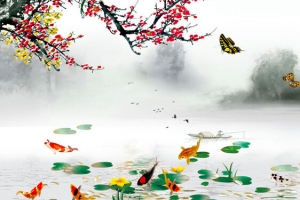 梅花九鱼春喜中国风背景
