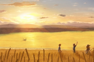 卡通夕阳田地背景