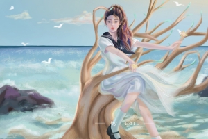 海边 水手服女孩 树 唯美 创意 4k动漫壁纸
