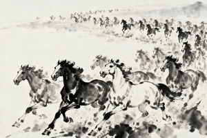 万马奔腾 水墨画 4k壁纸图片