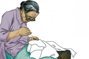手绘年迈母亲缝衣服矢量图