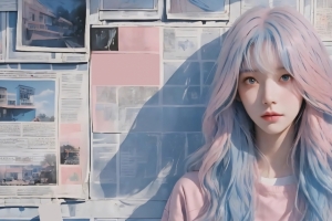 粉红色长发少女 报纸墙 3440x1440带鱼屏壁纸