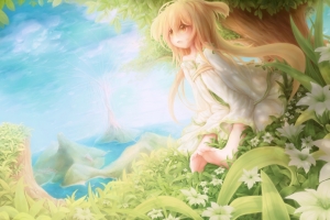 草地 大树下 天空 梦幻 可爱女孩4K壁纸