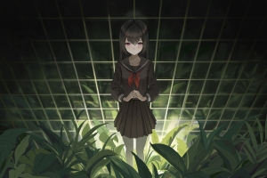 绿 少女 百褶裙 黑色 学生 制服 插画 植物 4k 动漫 壁纸