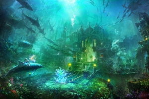 魔幻绿色海底宫殿海报背景