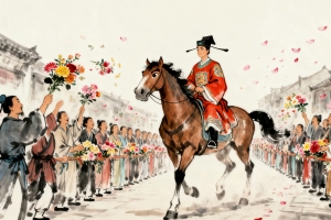 古风 状元 骑马 街市 人们 鲜花 4k壁纸