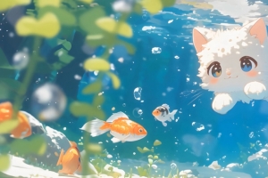 可爱小猫游泳 鱼 3440x1440带鱼屏壁纸