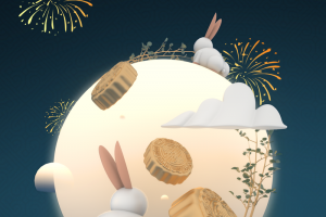 中秋背景月亮兔子月饼烟花