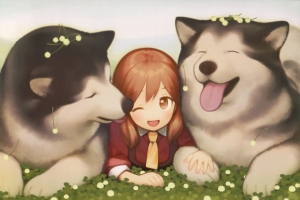 小女孩,狗,哈士奇,4k动漫壁纸