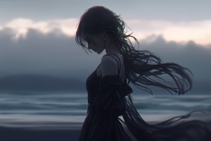 暗色系女孩长发黑色裙子3000x2000壁纸