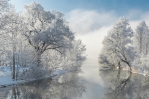 冬天 雪景 自然风景 树木 水 河流 倒影 3440x1440带鱼屏壁纸