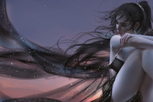 晚上 天空 女孩 黑色唯美长裙3440x1440带鱼屏壁纸