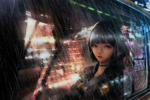 雨天 的士 透过玻璃的女生 4k动漫壁纸