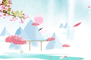 浅蓝色手绘唯美春季踏青桃花春天背景