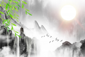 山水水墨背景图柳条牧童元素