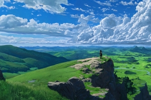 悬崖旷野 绿色田野 蓝天云海 动漫风景 3440x1440带鱼屏壁纸