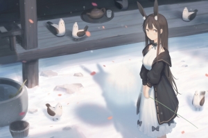 雪中的庭院 女孩 兽耳 鸟儿3440x1440带鱼屏壁纸