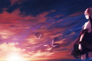 少女 天空 鸟儿 风景3440x1440唯美动漫壁纸