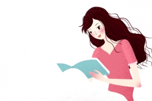 手绘插画读书的长发美女