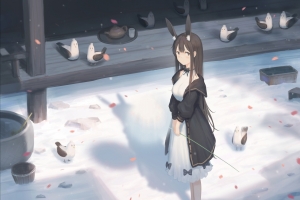 雪中的庭院 女孩子 兽耳 鸟儿 4k动漫壁纸