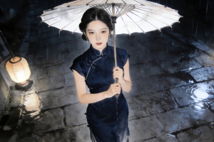 晚上 街道 雨天 伞 旗袍美女 路灯 4k壁纸