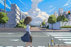 女孩 女学生 道路 动漫 艺术 卡通 4k壁纸 3840x2160