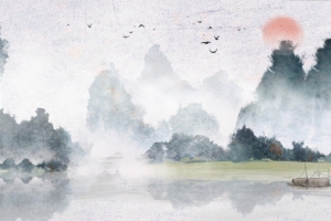 中国风古典山水画小船漂流