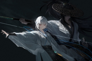 武侠风情侣高清4K壁纸，白衣女侠与斗笠男子剑客4096x2448免费下载