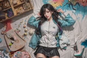 AI绘画 动漫美女 蓝色外套 黑色百褶裙 平板壁纸