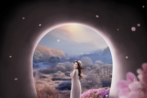 奇幻隧道风景海报 美女 鲜花 山 4k壁纸