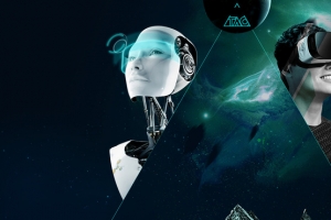 创意科幻VR眼镜未来世界黑色背景