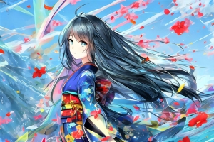 女孩 和服 花 风 动漫 4k壁纸 3840x2160