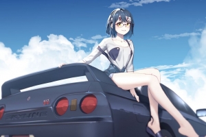 女孩 眼镜 微笑 汽车 动漫 艺术 4k壁纸 3840x2160