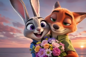 尼克拥抱朱迪 日落海边 疯狂动物城2 鲜花 4K壁纸