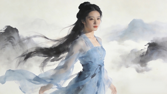 水墨风美女图 长发 蓝色裙子 古风 4K壁纸