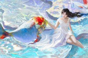 大海 鱼 女孩 唯美 4k动漫壁纸背景图