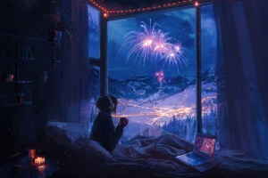 新年夜晚天空山脉烟花与室内女孩远望4K高清壁纸3840x2160免费下载
