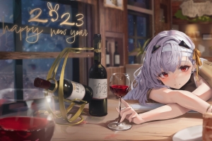 红眼睛 动漫女孩 葡萄酒 酒杯 蛋糕 2023新年 4k壁纸