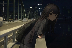 夜晚城市桥 黑色衣服长发动漫少女4k壁纸