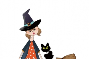 万圣节女巫骑扫把黑猫元素