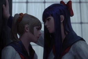 两个女孩 校服 红丝带 凝视 唯美艺术 4k动漫手机壁纸