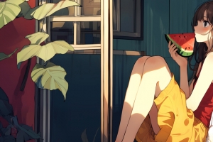 坐在地板上的可爱女生 西瓜 3440x1440带鱼屏动漫壁纸