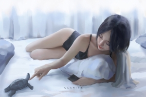 床 女孩 黑色睡衣 小乌龟 唯美插画 4k动漫壁纸