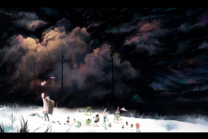 冬天夜晚,星星,流星雨,小女孩,蝴蝶,可爱的朋友们,动漫图片