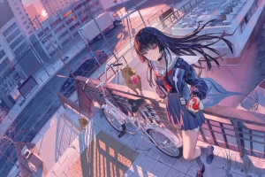 长发女孩 齐刘海 站立 围栏 单车 6K动漫壁纸