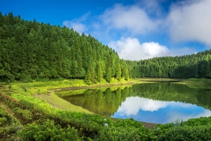 葡萄牙亚速尔群岛,天空,云,草,森林,湖水,3440x1440风景壁纸