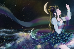古风女孩 丝绸 夜晚海 月亮 蝴蝶4k高清壁纸