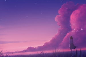 4K高清3440x1440带鱼屏动漫壁纸，天空云朵星星鸟田野孤独女孩背影草地