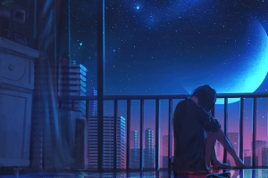 女孩短发坐赏城市夜景星空月亮 3440x1440 4K动漫高清带鱼屏壁纸免费下载