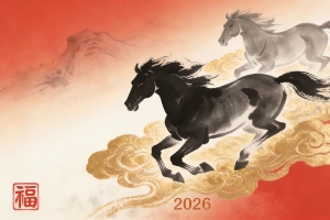 2026福马 两匹骏马 祥云 国风 4k壁纸